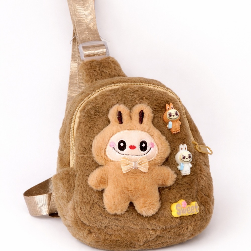 Brown Plush Bunny Mini Backpack Crossbody Bag
